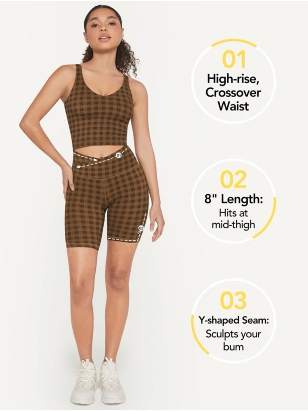 SHEIN Glowmode Brown Plaid High-Rise Bike Shorts and Sports Bra Set